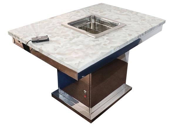 白色大理石無煙升降火鍋一體桌 亮光不銹鋼方形底座