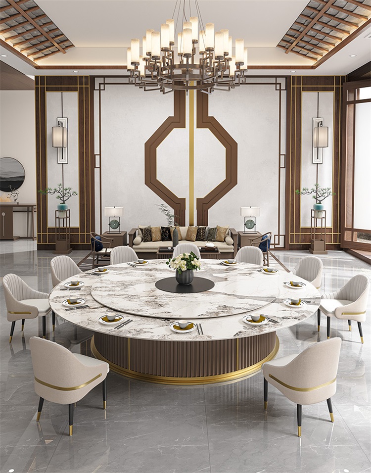 會(huì)所別墅包廂自動(dòng)轉(zhuǎn)盤巖板高檔電動(dòng)餐桌大圓桌