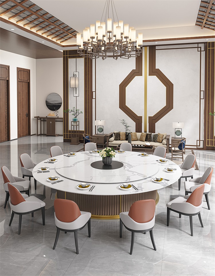 會(huì)所別墅包廂自動(dòng)轉(zhuǎn)盤巖板高檔電動(dòng)餐桌大圓桌