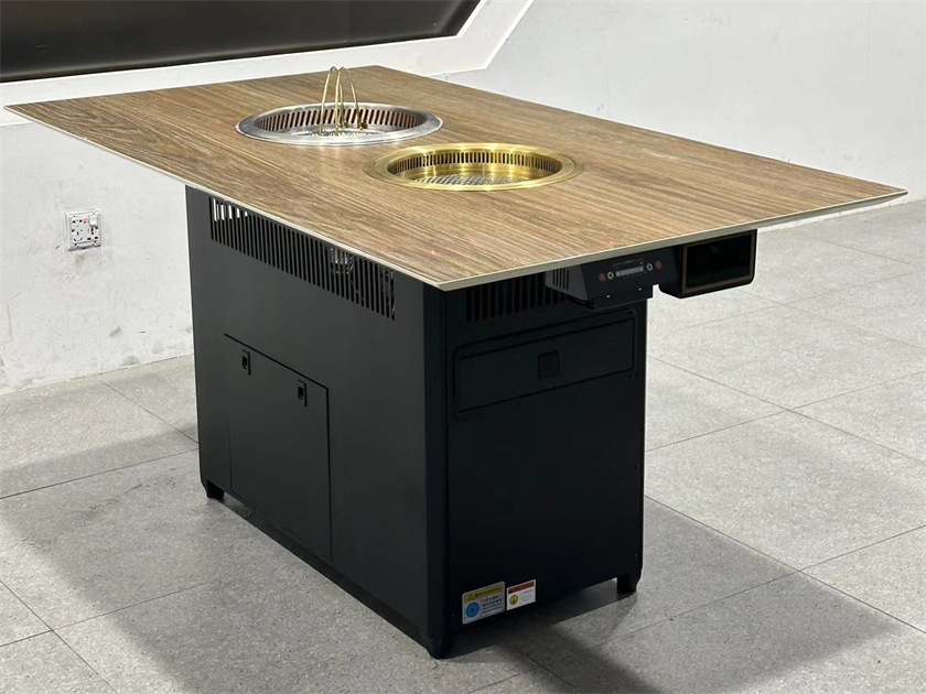 日式烤肉店仿木紋巖板無(wú)煙火鍋烤肉一體桌