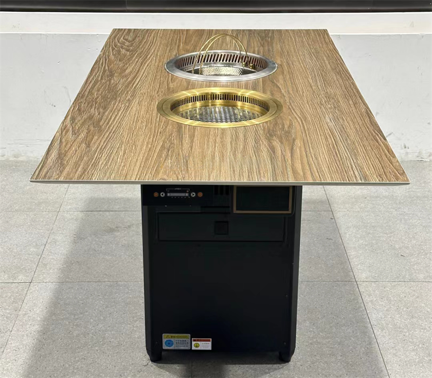 日式烤肉店仿木紋巖板無(wú)煙火鍋烤肉一體桌