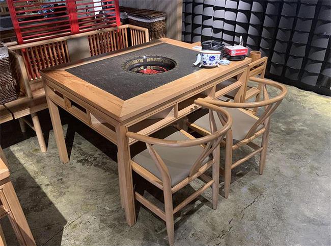 中式仿古火燒石臺(tái)面實(shí)木火鍋餐桌