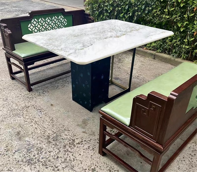 綠茶餐廳簡約新中式現(xiàn)代大理石鐵藝長方形餐桌